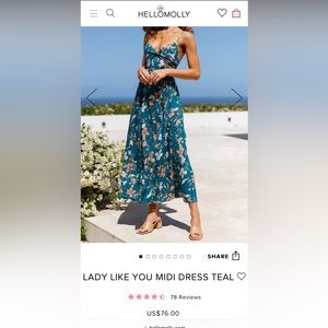 HELLOMOLLY LADY LIKE YOU MIDI DRESS TEAL, Size Small